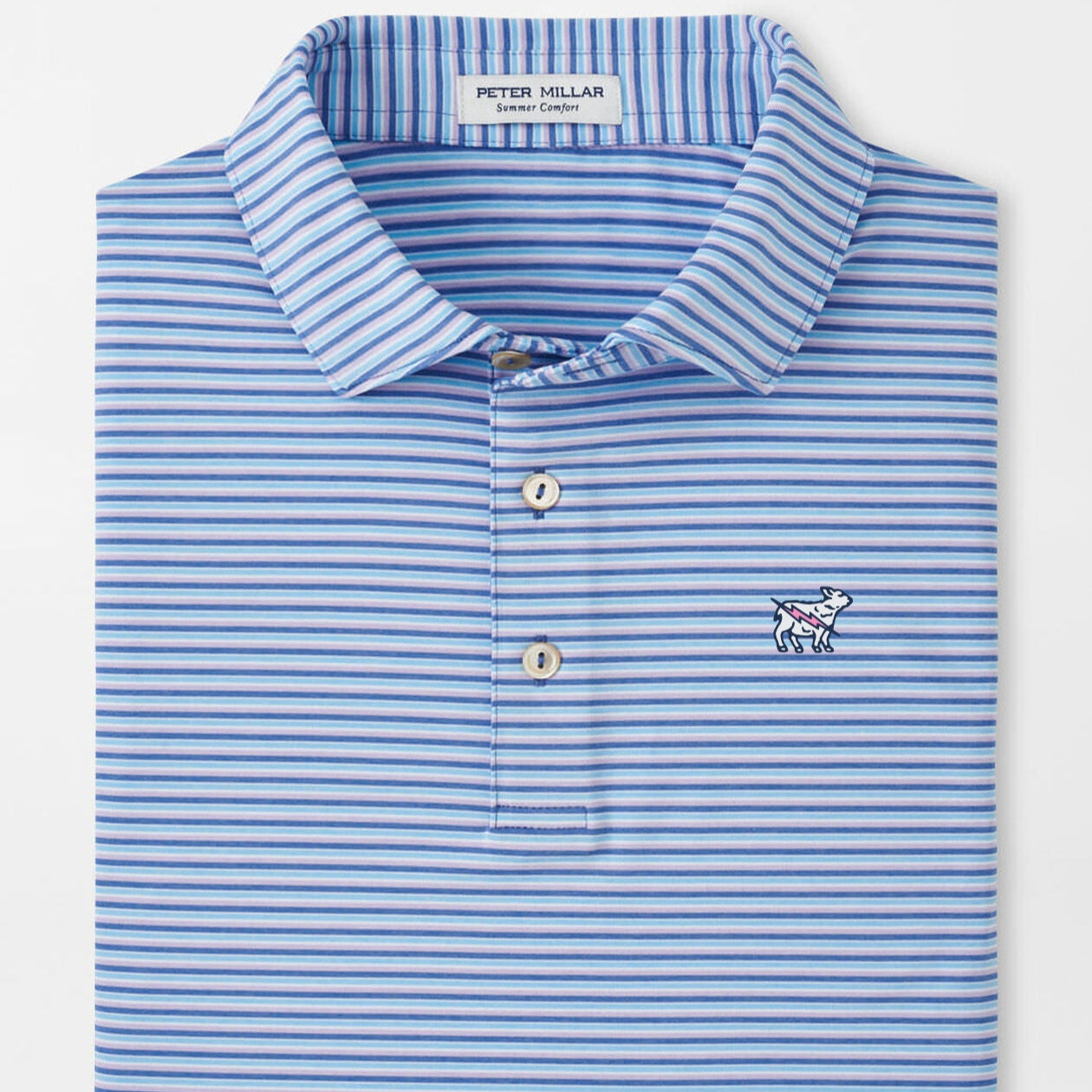 Blue and white striped polo shirt with a small logo on a white background